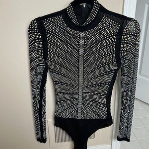 WINDSOR Black Crystal Jeweled Long sleeve high neck thong bodysuit